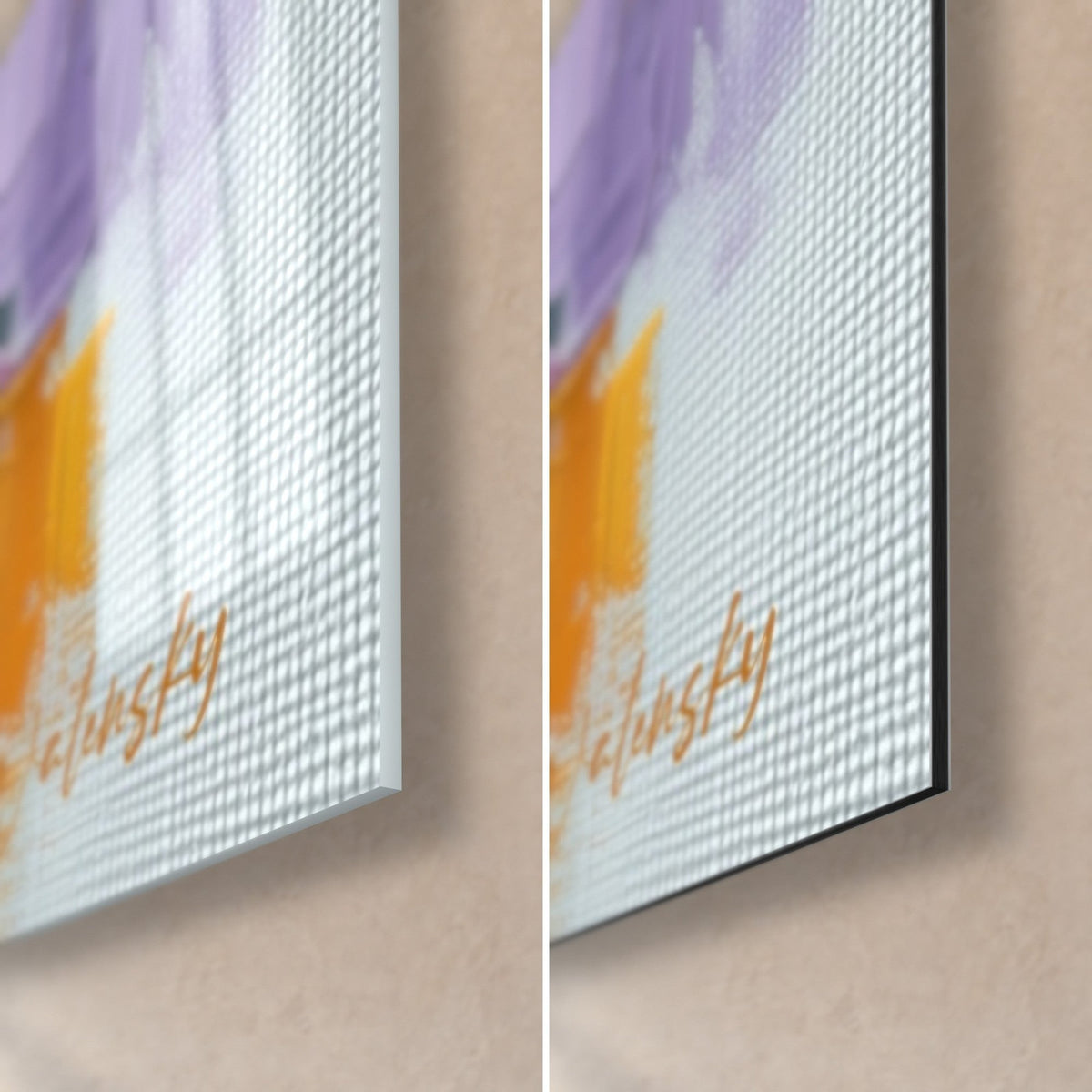 Tableau abstrait de blocs mauve et safran, coin bas droit : verre acrylique brillant à gauche, Dibond mat à droite, tranche de 3 mm