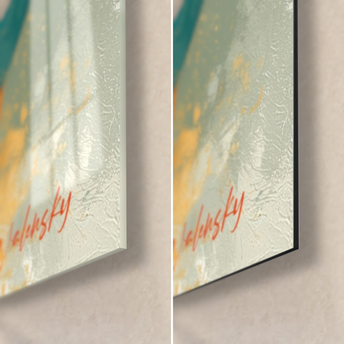 Wall art with bright red and teal discs, glossy glass lower-right corner on the left, matt Dibond aluminium on the right, 3 mm edge