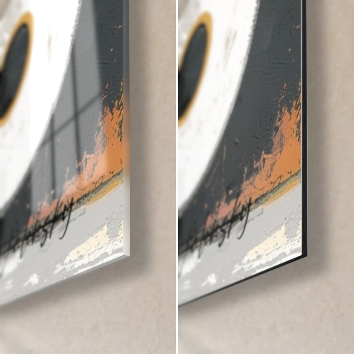 Gemälde weiße und goldene Räder auf anthrazitgrauem Grund, untere rechte Ecke: glänzendes Acrylglas links, mattes Alu-Dibond rechts, 3 mm Kante