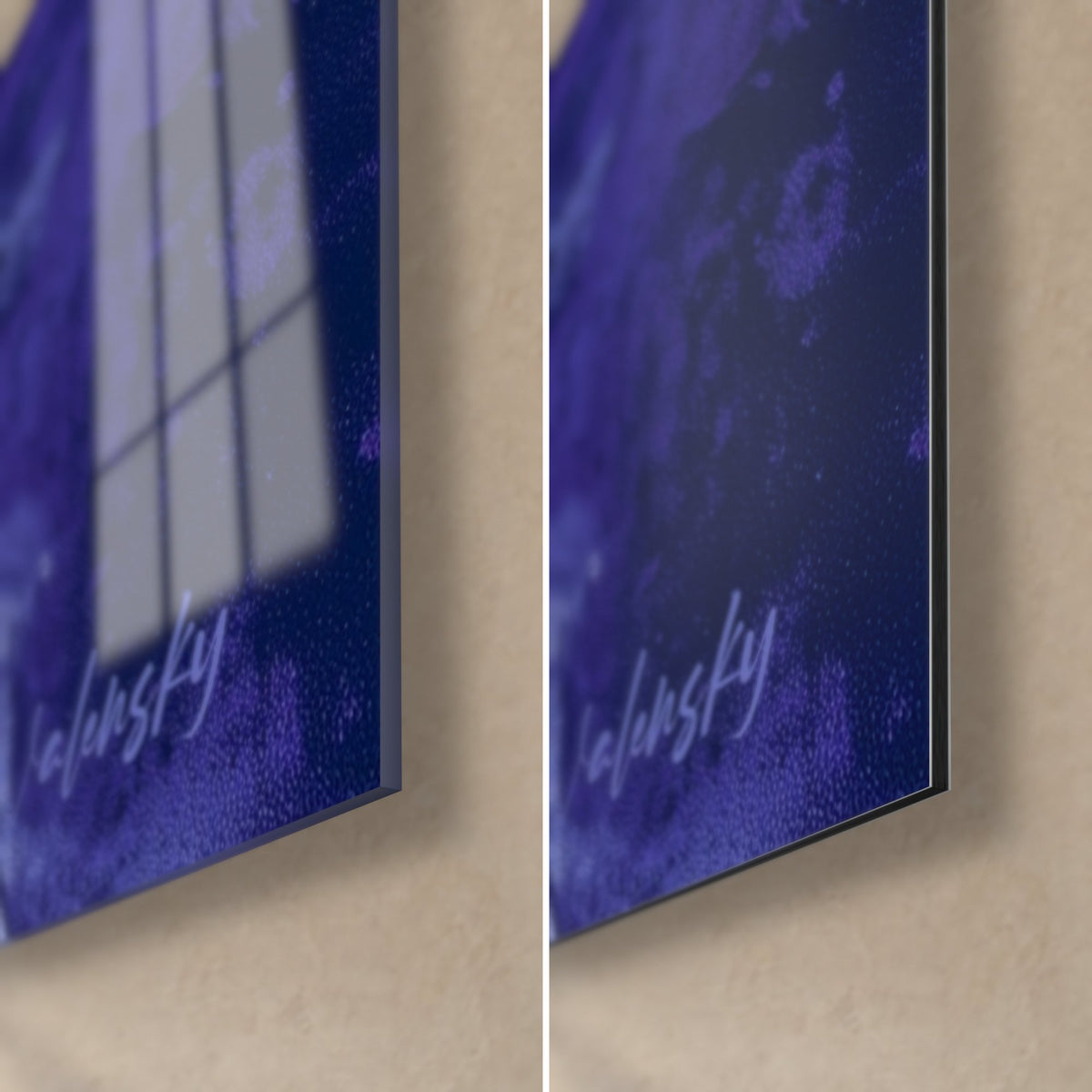 Wall art golden circle over navy waves, bottom right corner: glossy indigo blue glass reflecting the window, matte Dibond, 3 mm edge