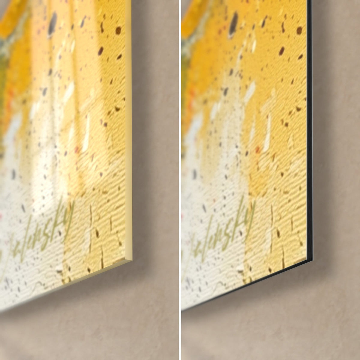 Wall art bright yellow abstract composition, black splatters and drips, bottom right corner in glossy glass and matte Dibond