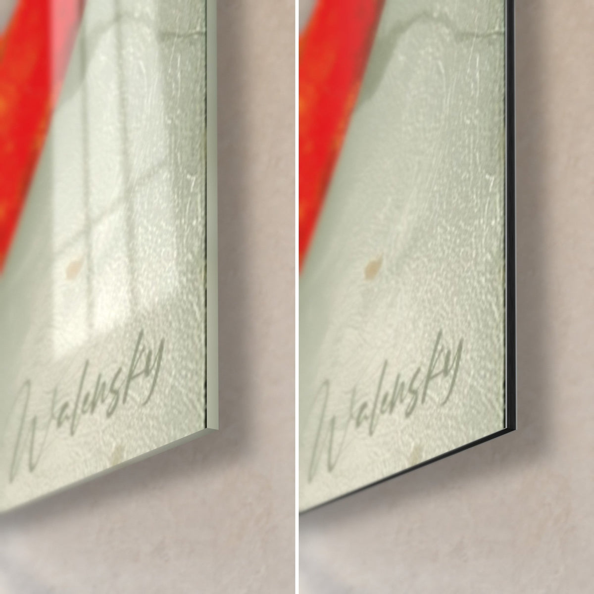 Cuadro con órbitas abstractas en rojo vivo y verde azulado, esquina inferior derecha: cristal brillante a la izquierda, Dibond negro mate a la derecha, firma