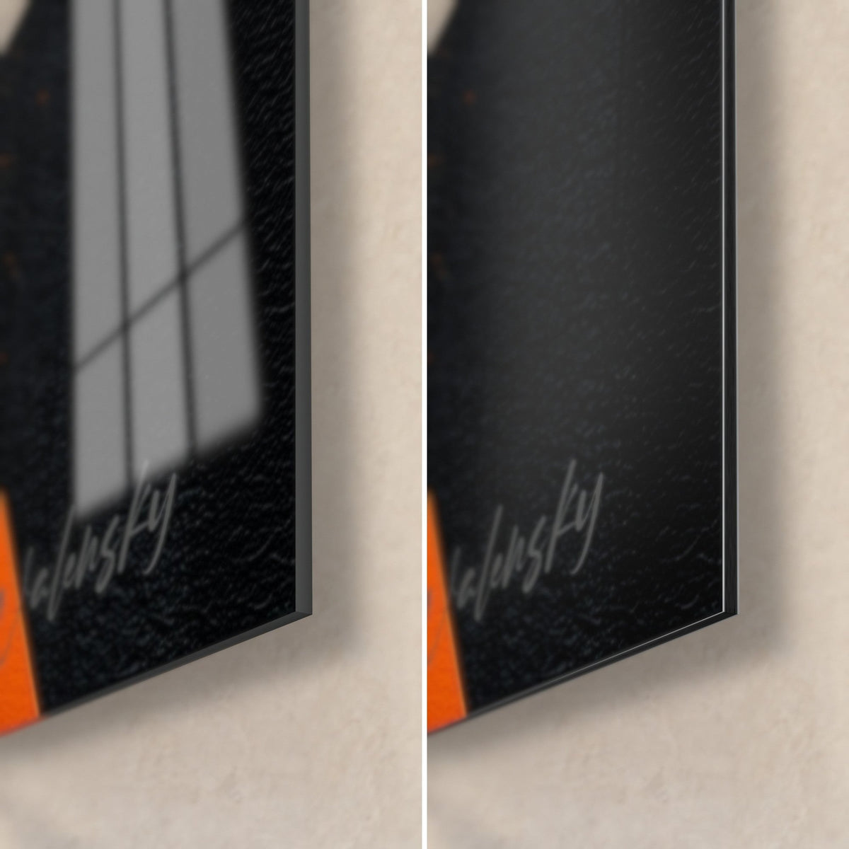 Gemälde orange und schwarze Lamellen, untere rechte Ecke: glänzendes Acrylglas mit Fensterspiegelung, mattschwarzes Dibond-Aluminium, 3 mm Kante