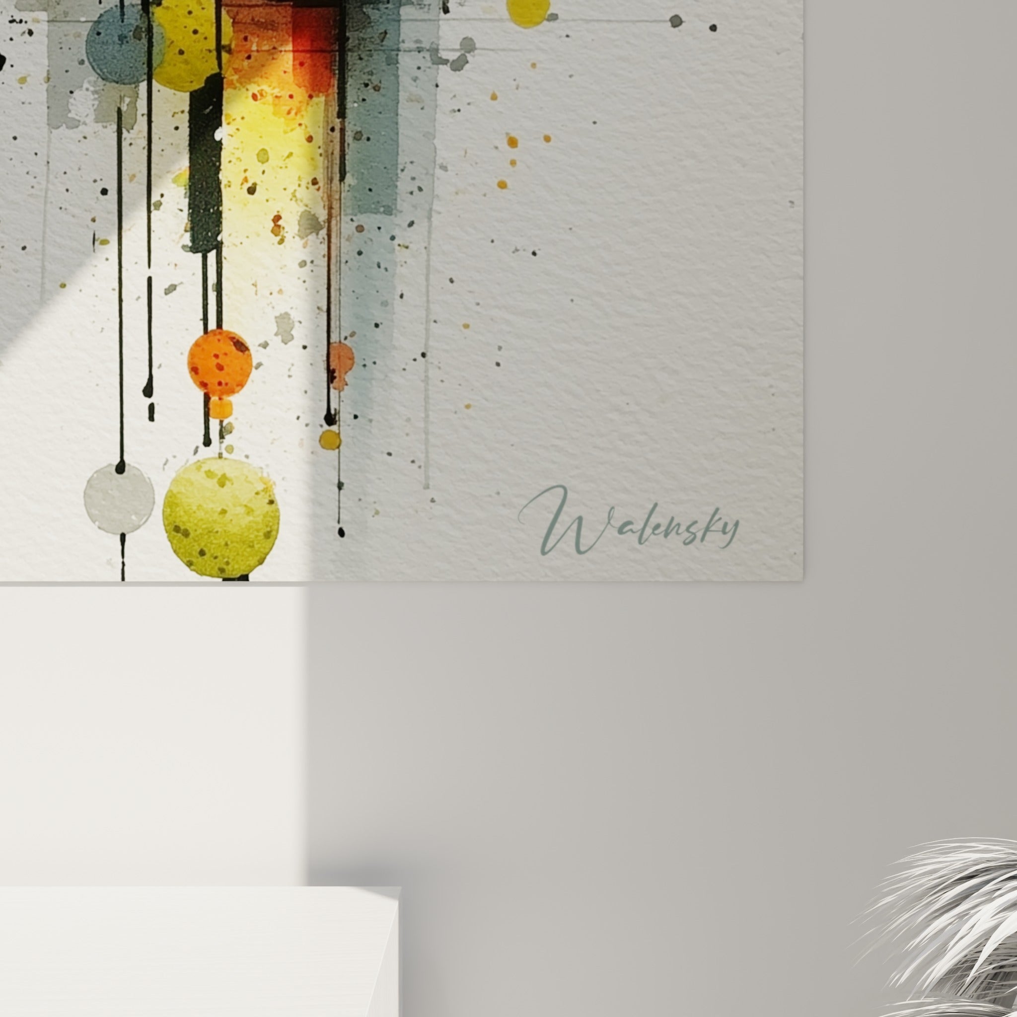 Grain de la toile révélant les nuances orangées et jaunes des sphères et les coulures d'encre noire