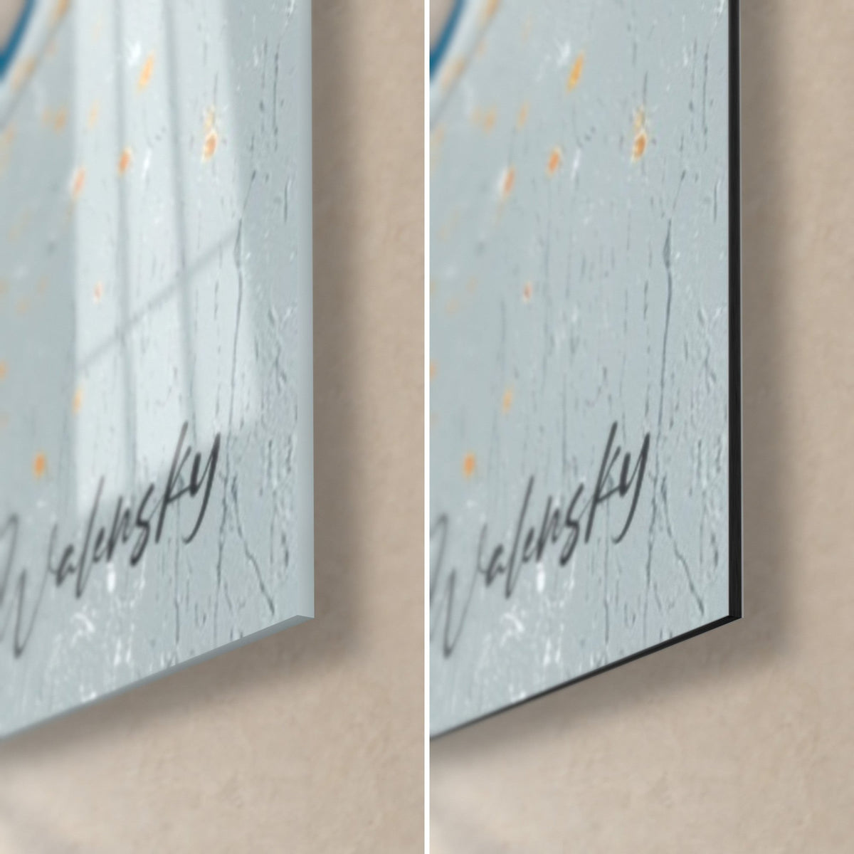 Tableau sphères bleu et orange, signature Walensky noire au coin bas droit, verre brillant à gauche, Dibond mat à droite, tranche de 3 mm