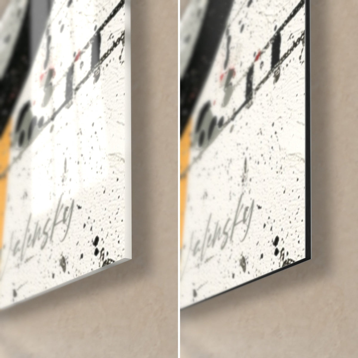 Gemälde rote und schwarze Kreise mit Spritzern, untere rechte Ecke: glänzendes Acrylglas links, mattes weißes Dibond-Aluminium rechts, 3 mm Kante