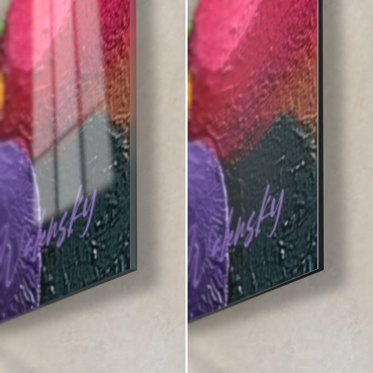 Wall art with abstract circles in deep violet and fuchsia pink, lilac signature, bottom-right corner in glossy glass and matte Dibond