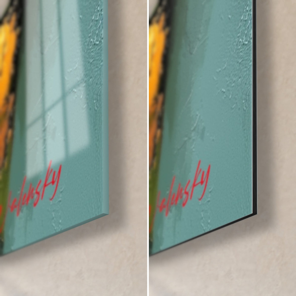 Tableau ruelle abstraite aux blocs turquoise et roses, coin bas droit : verre acrylique brillant et alu Dibond mat, tranche de 3 mm