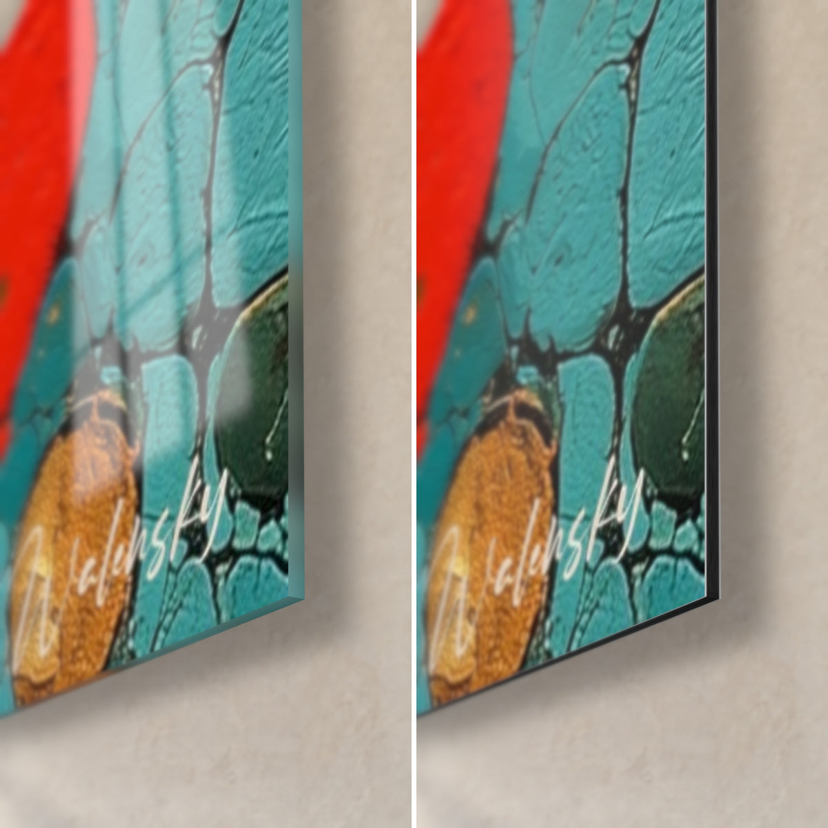 Tableau bulles de peinture rouges et turquoise, coin bas droit : verre brillant à gauche, alu Dibond mat à droite, tranche de 3 mm