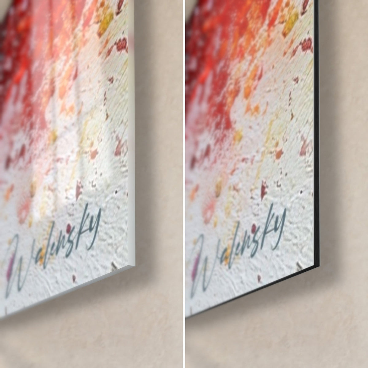 Cuadro con círculos salpicados en rojo y naranja, esquina inferior derecha de cristal brillante y aluminio Dibond mate, canto de 3 mm visible