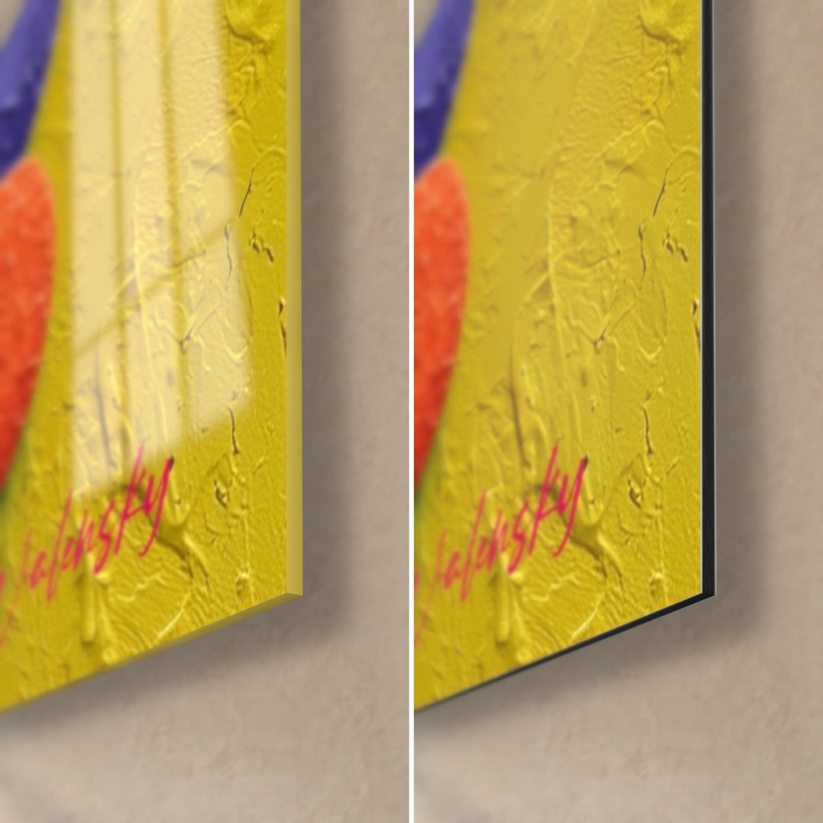 Cuadro de pintura abstracta amarilla texturizada, mancha roja y firma Walensky, esquina inferior derecha de vidrio brillante y Dibond mate