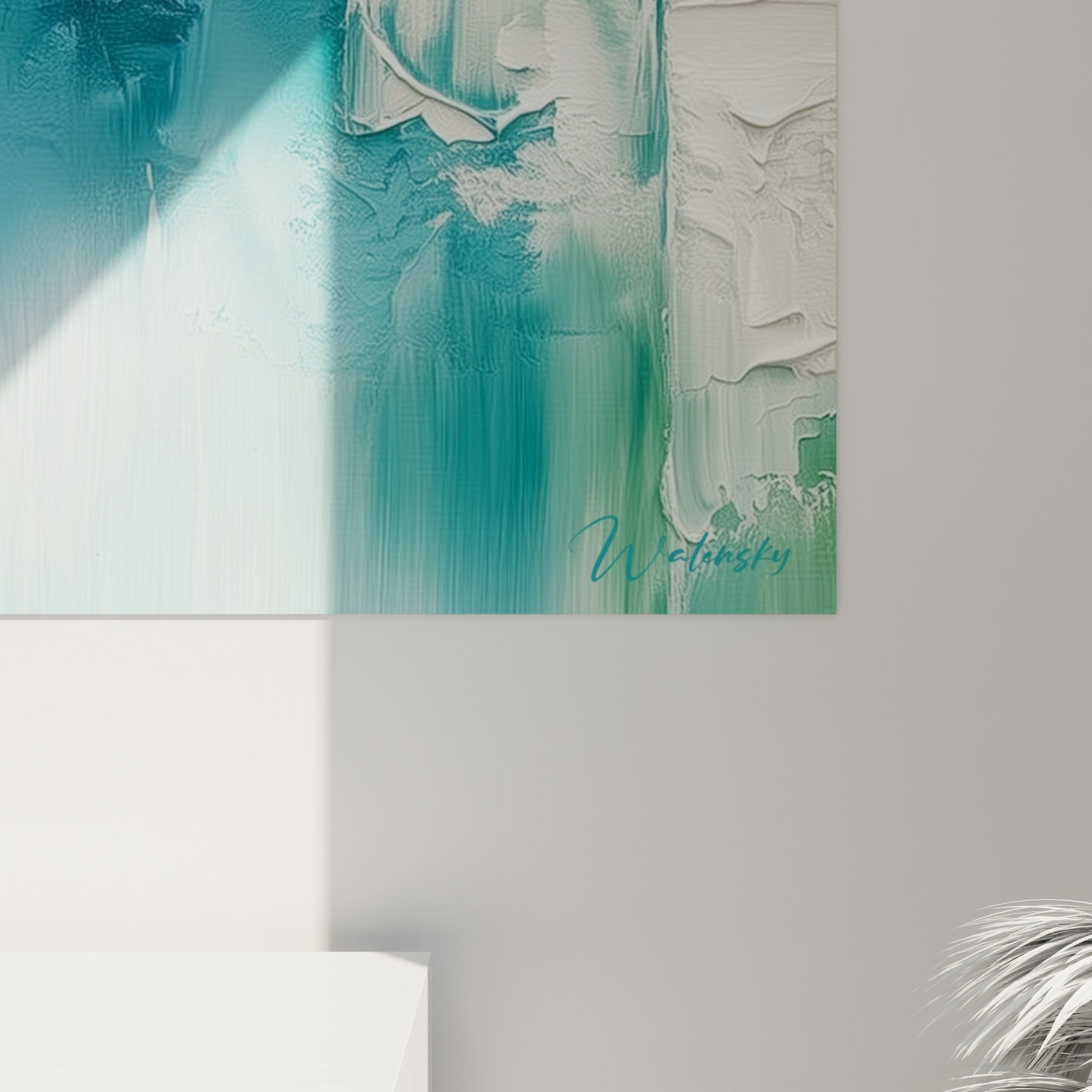 Empâtements épais de peinture bleu marine et magenta révélant le grain texturé de cette œuvre géométrique abstraite