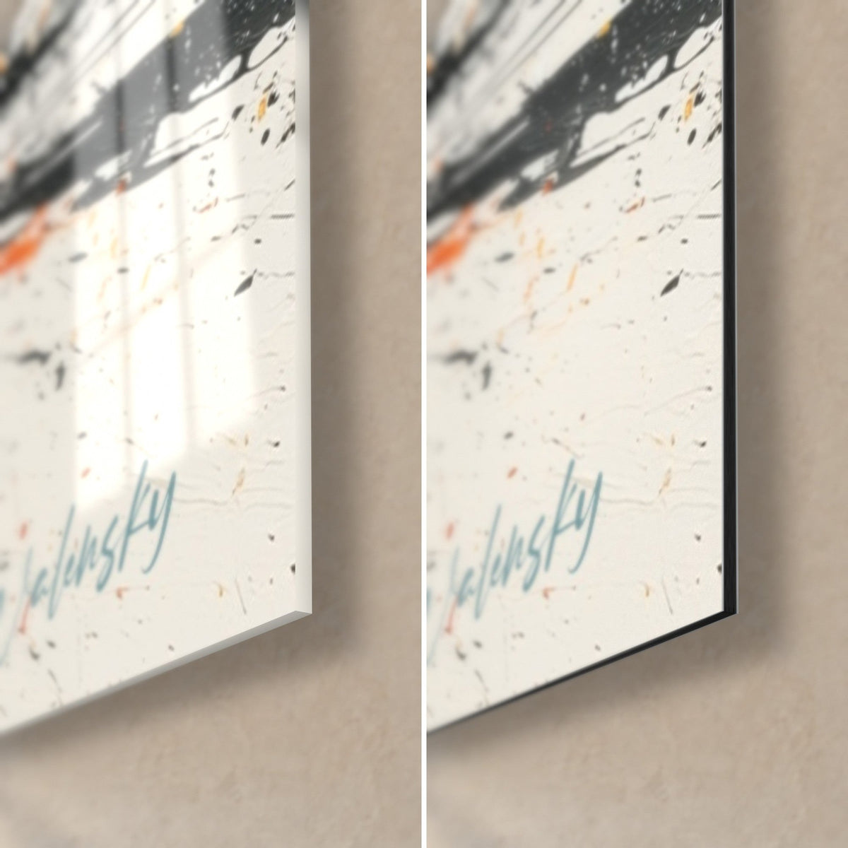 Wall art with abstract bubbles, bottom right corner in glossy glass and matte black Dibond aluminium, blue signature, 3 mm edge visible