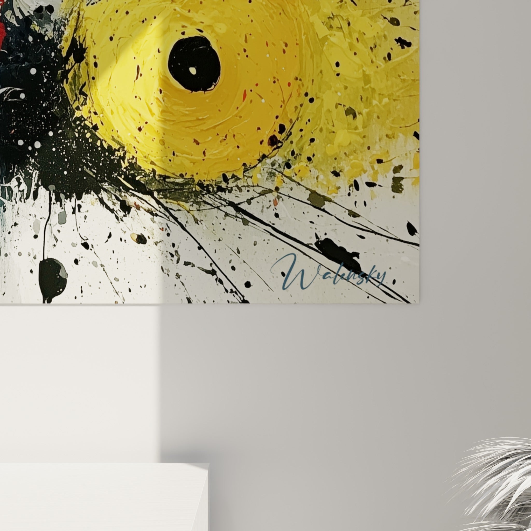 Empâtements épais et coulures noires sur cercle rouge et jaune, matière texturée de ce tableau géometrique abstrait