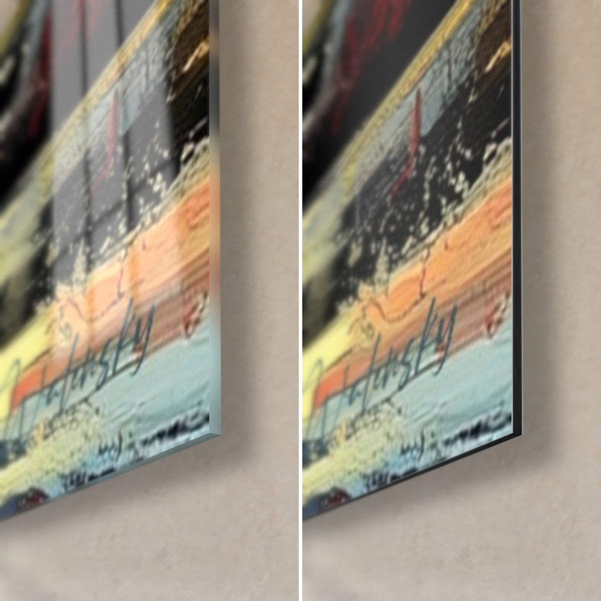 Quadro con cerchi annidati turchese e arancio, angolo in basso a destra in vetro lucido e alluminio Dibond opaco, bordo nero da 3 mm