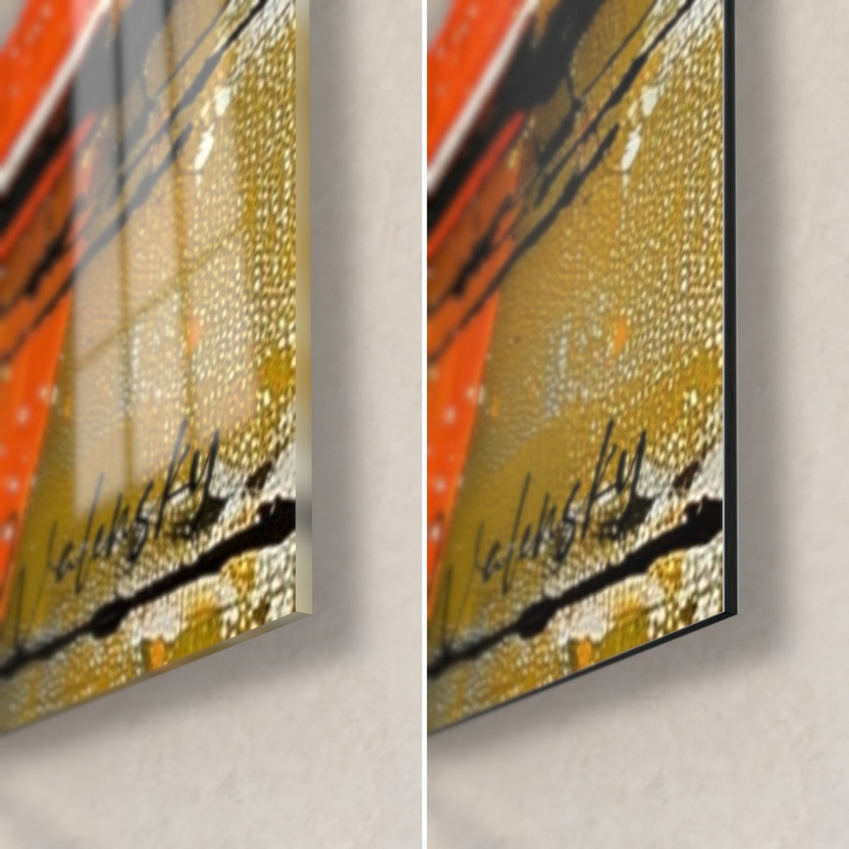 Cuadro dianas pintadas en naranja y amarillo, esquina inferior derecha: cristal acrílico brillante a la izquierda, aluminio Dibond mate a la derecha, canto de 3 mm