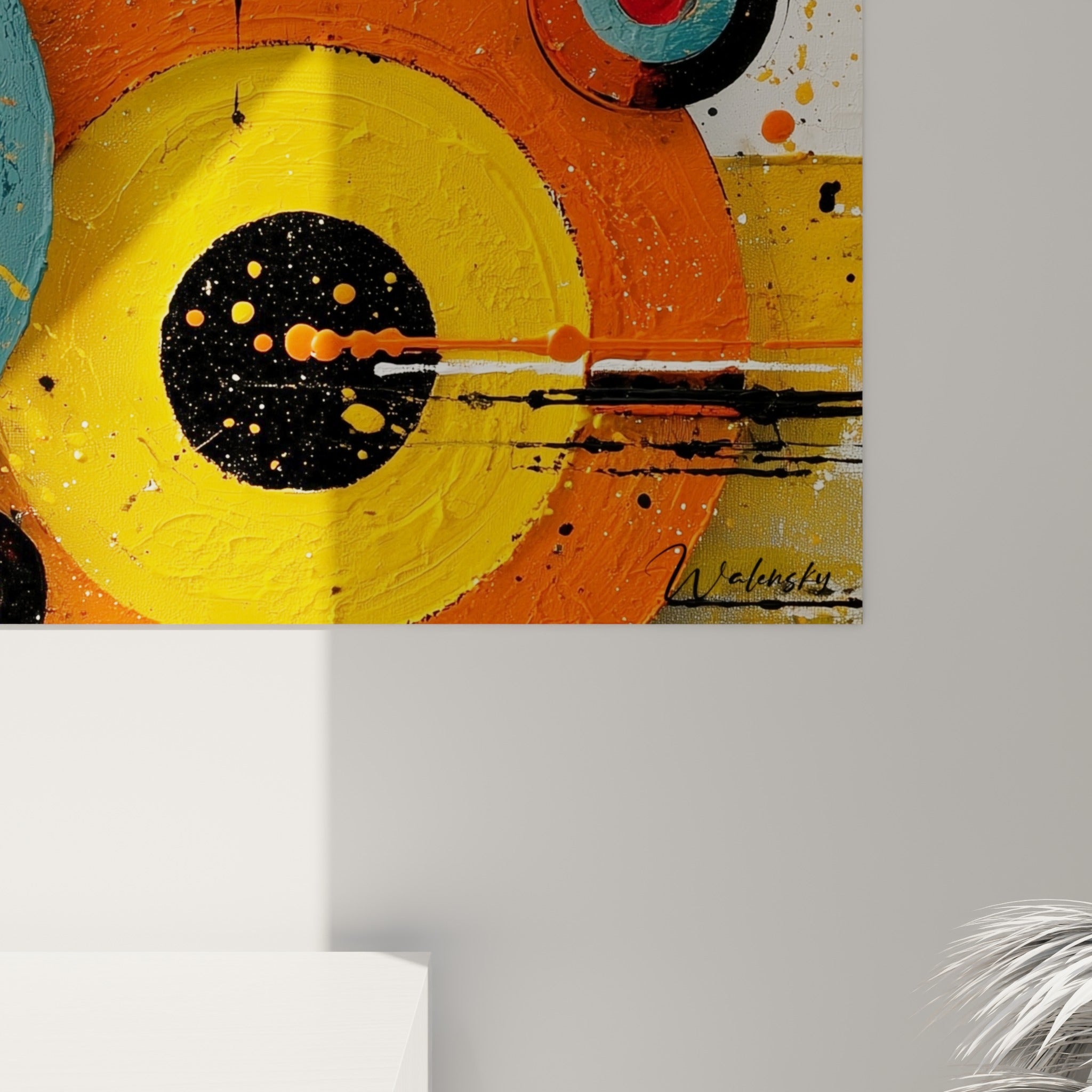 Empâtements épais et coulures noires visibles sur les cercles orange et sarcelle du tableau géométrique abstrait