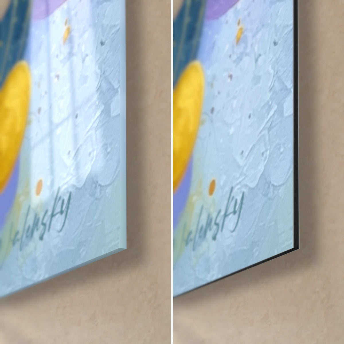 Gemälde mit safrangelben und lavendelfarbenen Blasen, untere rechte Ecke, matte Pastösität des Dibond und Glanzlichter des Acrylglases, 3 mm Kante