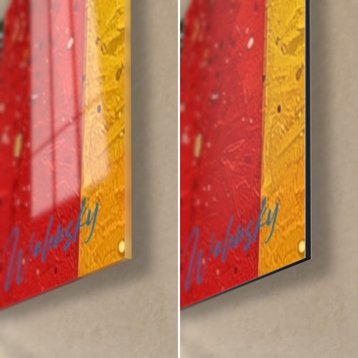 Quadro composizione geometrica in rosso e giallo, angolo di vetro lucido in basso a destra a sinistra, Dibond opaco a destra, spessore 3 mm