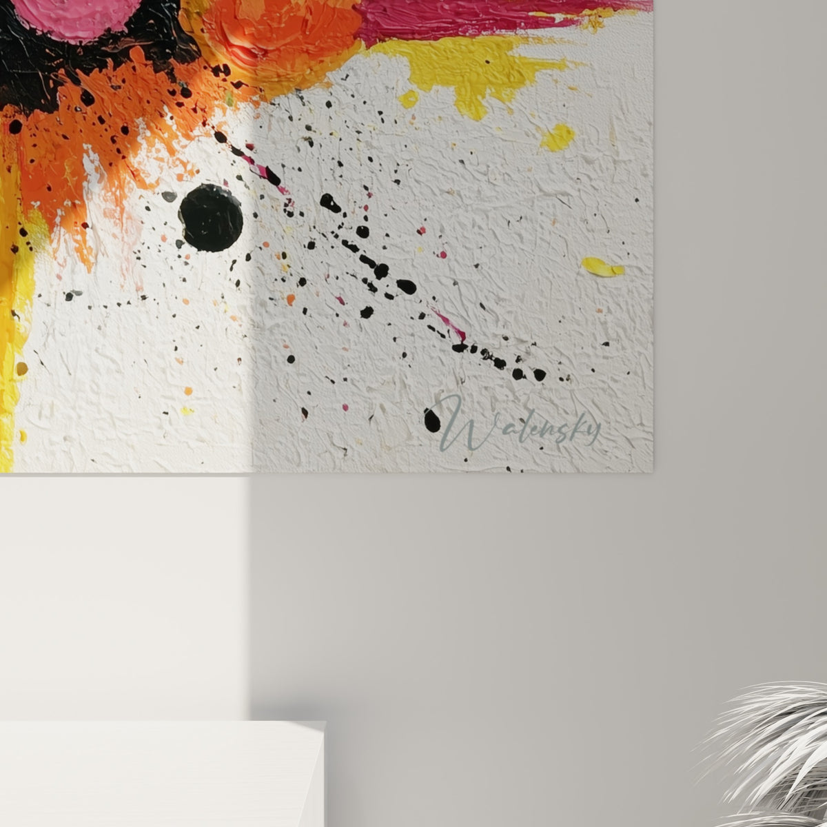 Empâtements épais et coulures noires révèlent la matière picturale de ce tableau géométrique abstrait rouge et jaune