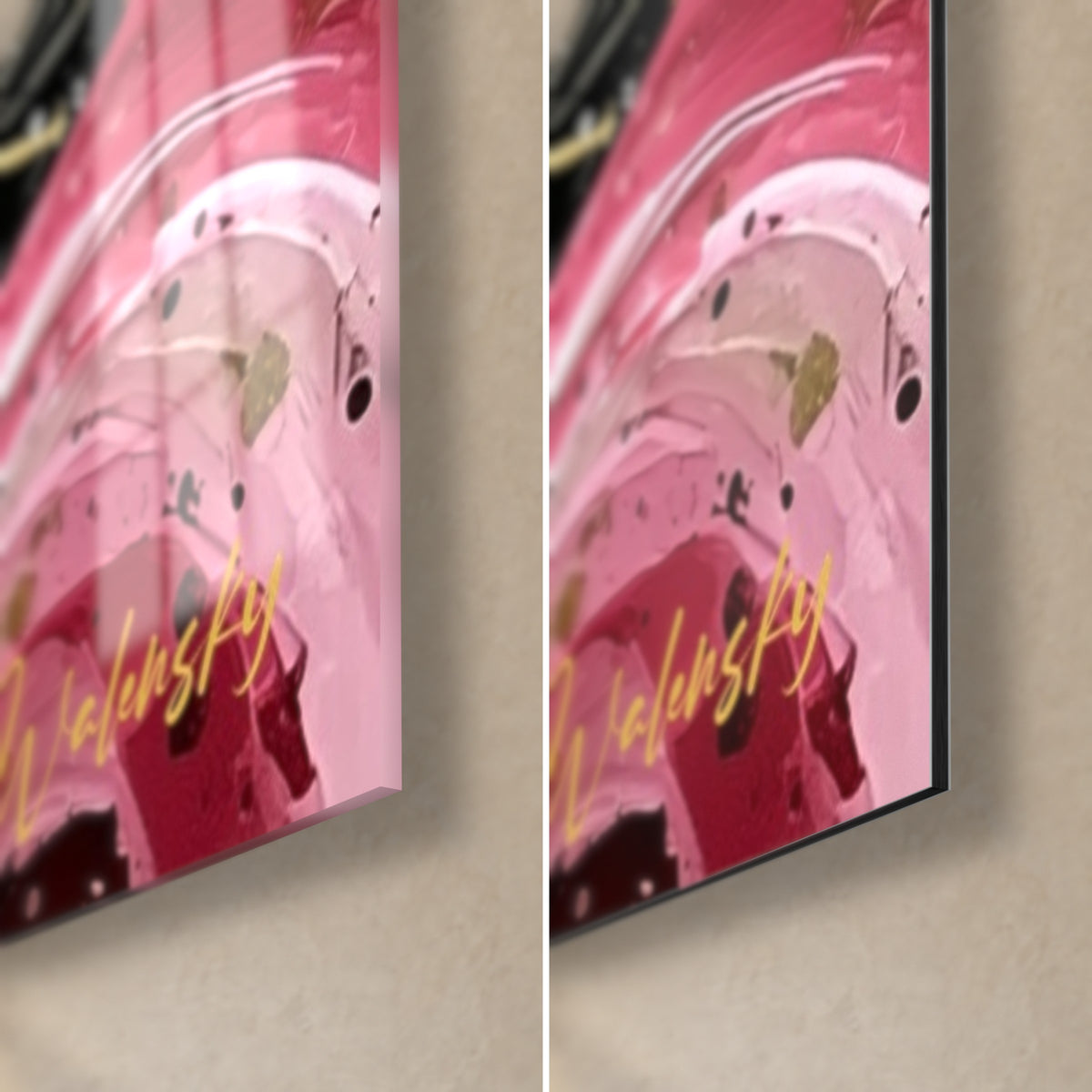 Quadro con cerchi rosa chewing-gum con tratti dorati e schizzi neri, angolo in basso a destra, vetro lucido a sinistra, Dibond opaco a destra