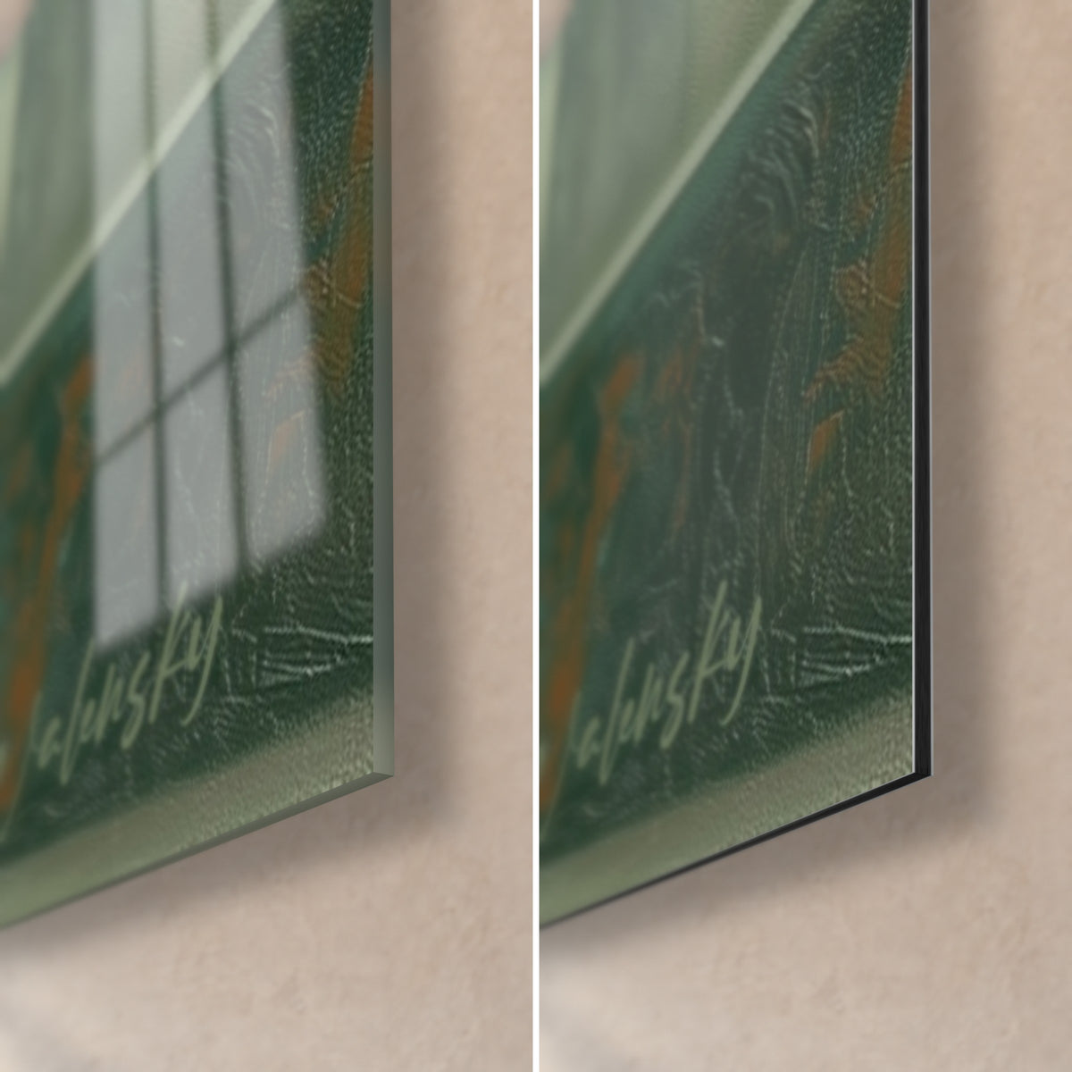 Tableau composition abstraite orange et vert, coin bas droit : verre acrylique brillant à gauche, alu Dibond mat à droite, tranche de 3 mm
