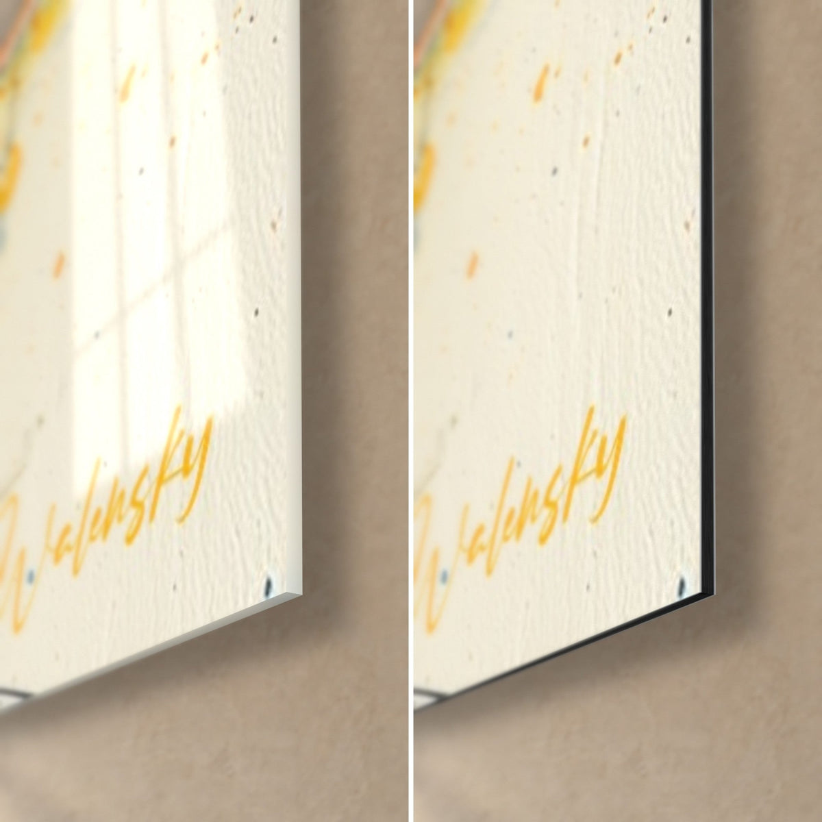 Wall art with multicoloured circles on an ivory background, golden Walensky signature, glossy glass on the left, matte Dibond on the right, 3 mm edge