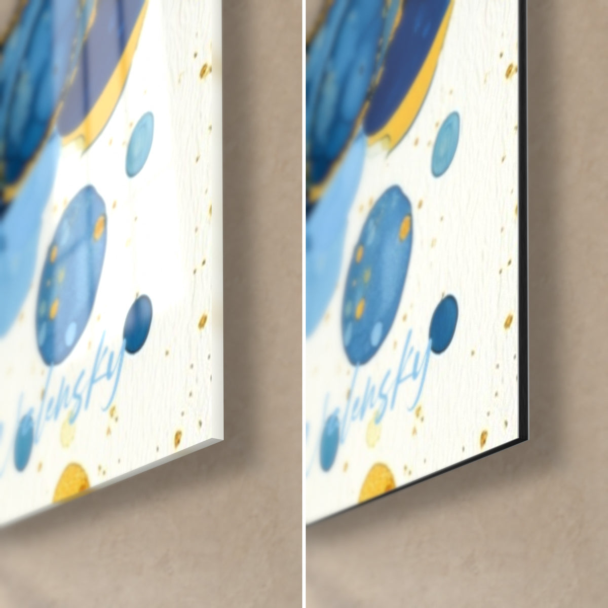 Wall art with navy and golden yellow circles, bottom right corner in glossy acrylic glass on the left, matte Dibond aluminum on the right, black edge