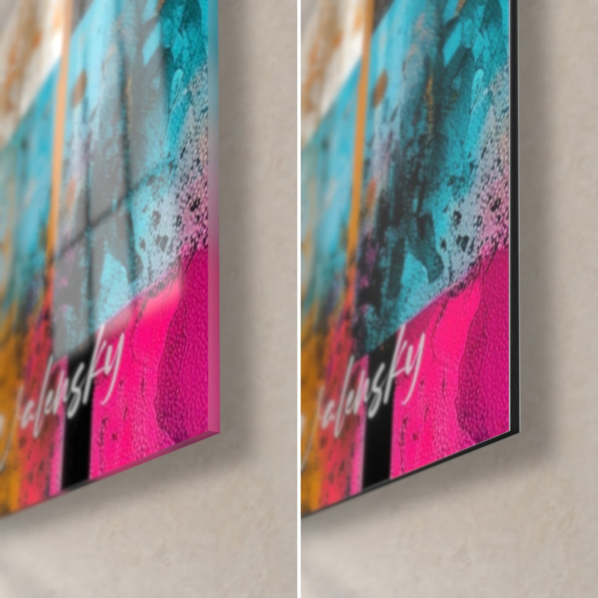 Wall art with an abstract mosaic in bright pink and turquoise, bottom right corner, glossy acrylic glass and matte Dibond aluminium, 3 mm thickness