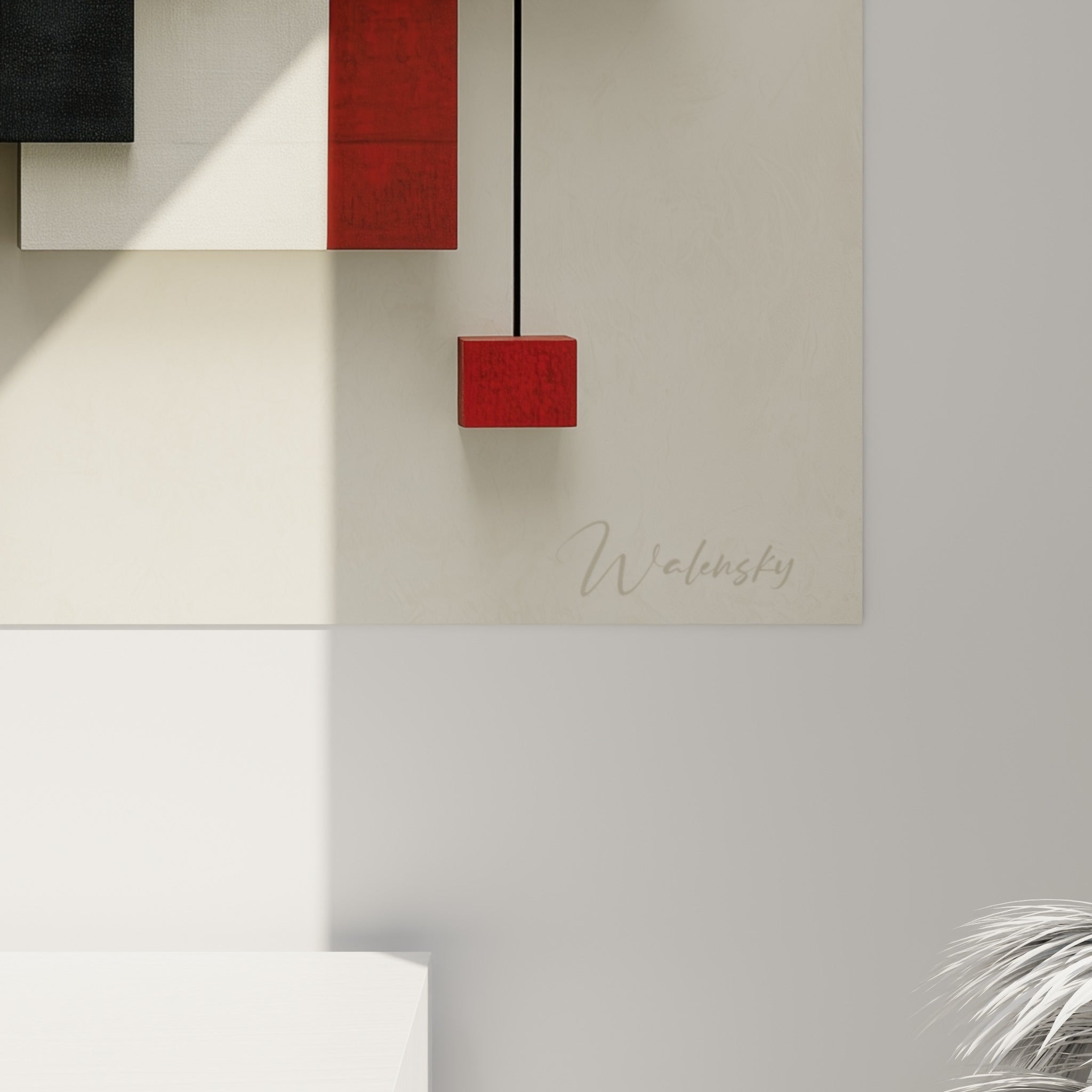 Empâtements rouges et texture mate se croisent en gros plan sur ce tableau géometrique abstrait anthracite et crème