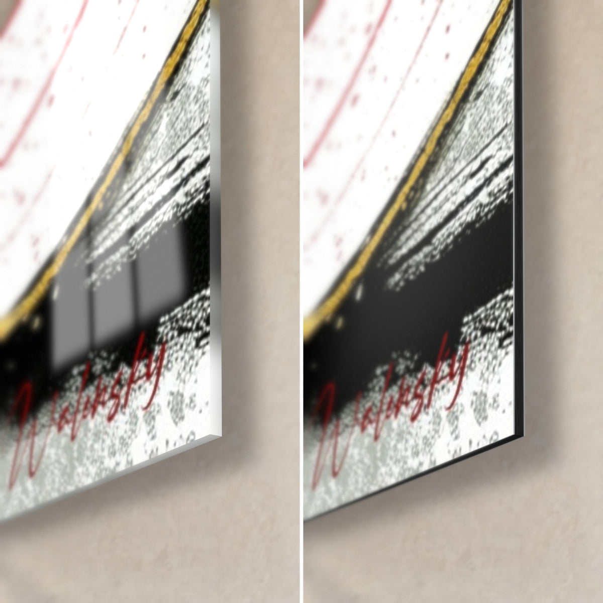 Tableau cercles rouges et dorés, coin bas droit : verre acrylique brillant à gauche, alu Dibond noir mat à droite