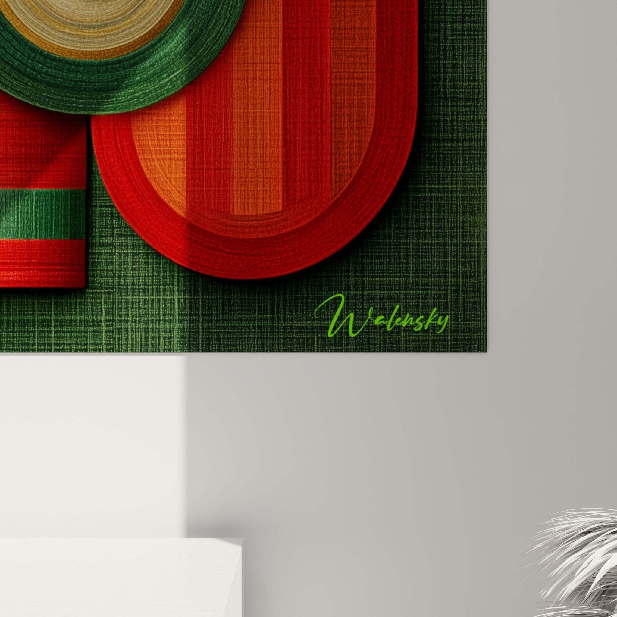 Empâtements dorés et texture tissée révélant le grain du rouge brique et vert sapin de ce tableau géométrique abstrait