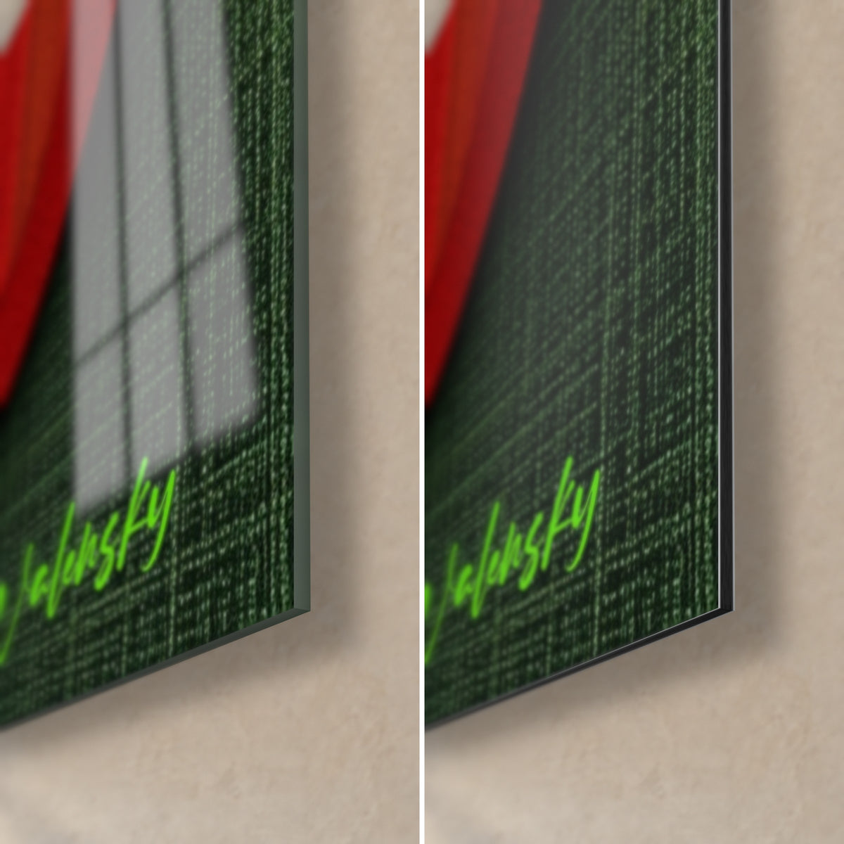Tableau cercles dorés sur fond vert, coin bas droit en verre brillant à gauche et Dibond mat à droite, tranche de 3 mm visible