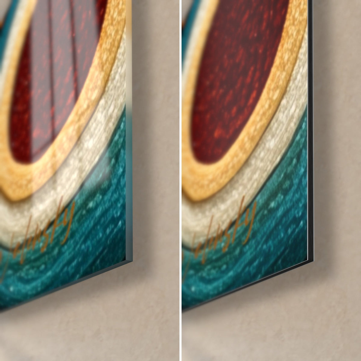 Wall art of mineral strata in burgundy and cream, bottom right corner: glossy glass on the left, matte Dibond on the right, 3 mm edge