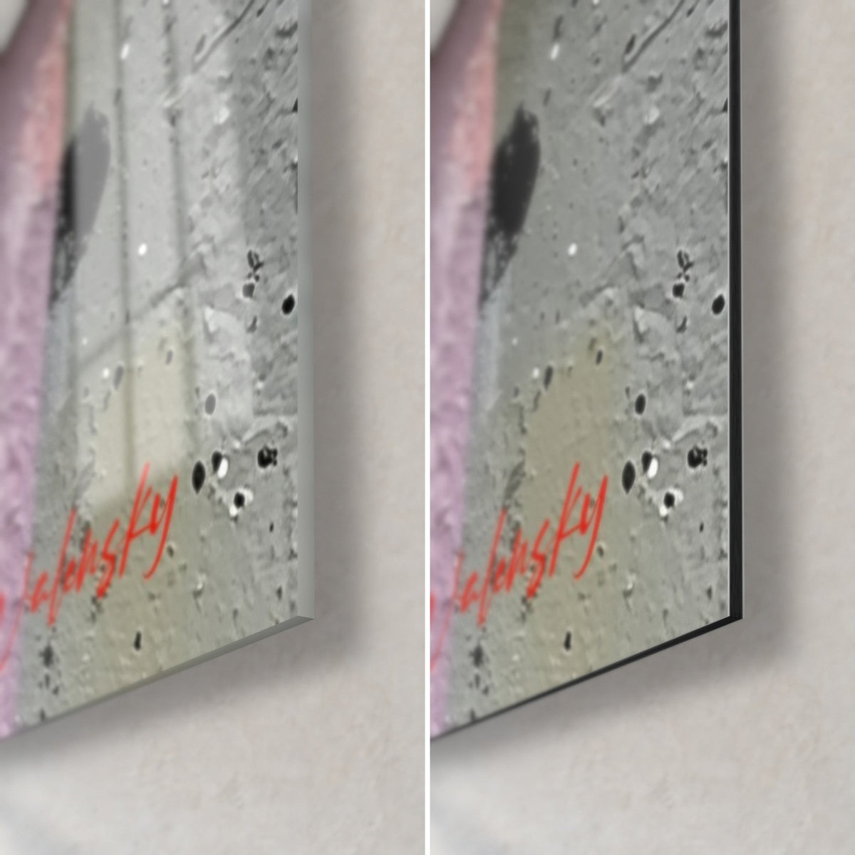 Wall art thickly textured mauve and pink blocks, lower right corner, black drips and red signature, glossy glass against matte Dibond