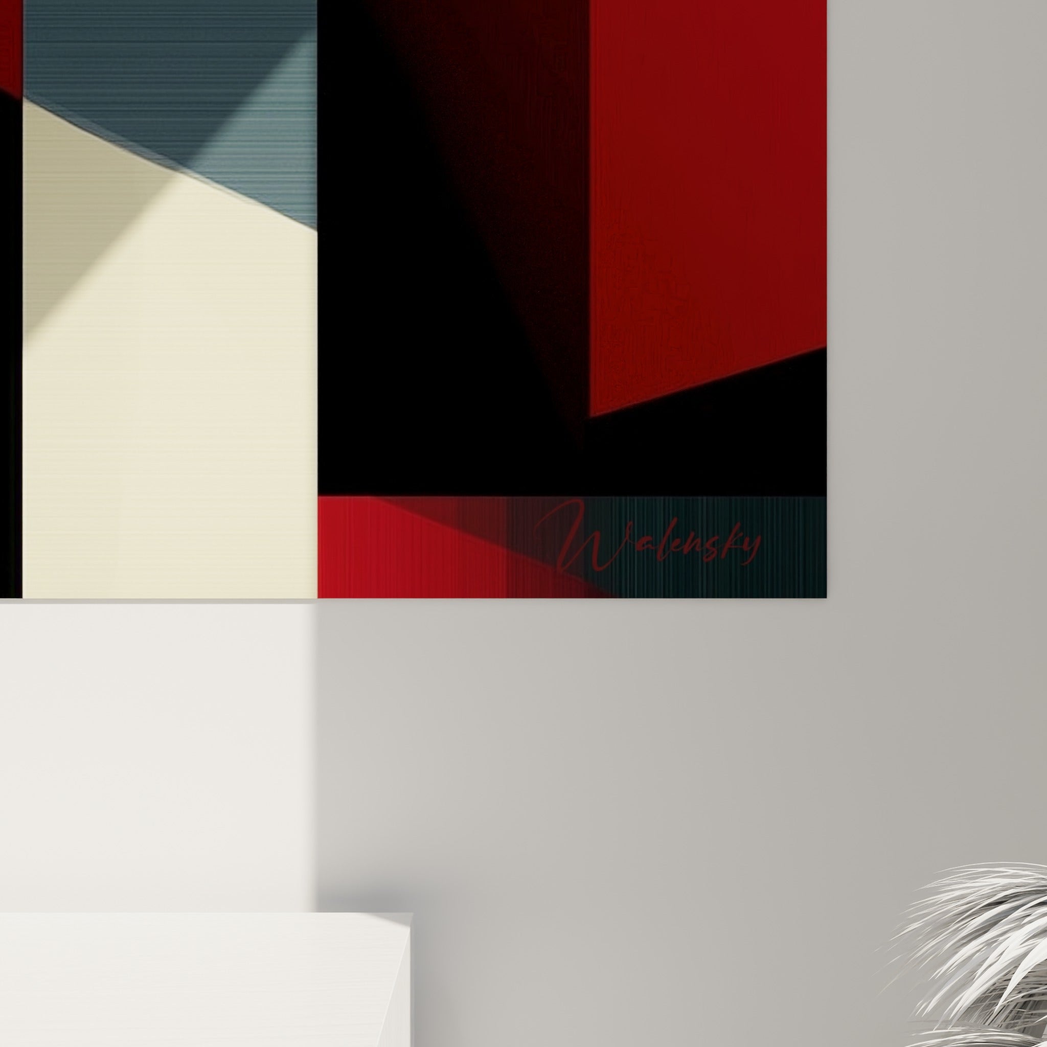 Empâtements rouges et gris perle se rejoignent en gros plan sur ce tableau géométrique abstrait accroché au mur