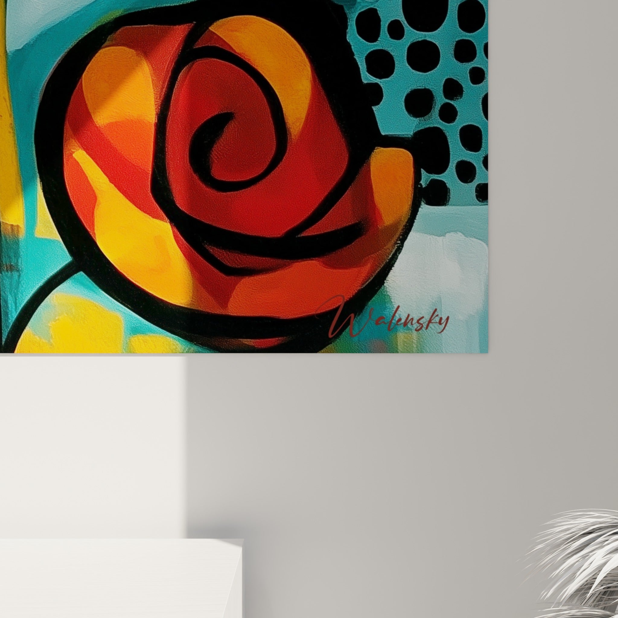 Grain de peinture visible sur les contours noirs et empâtements orange de la spirale centrale