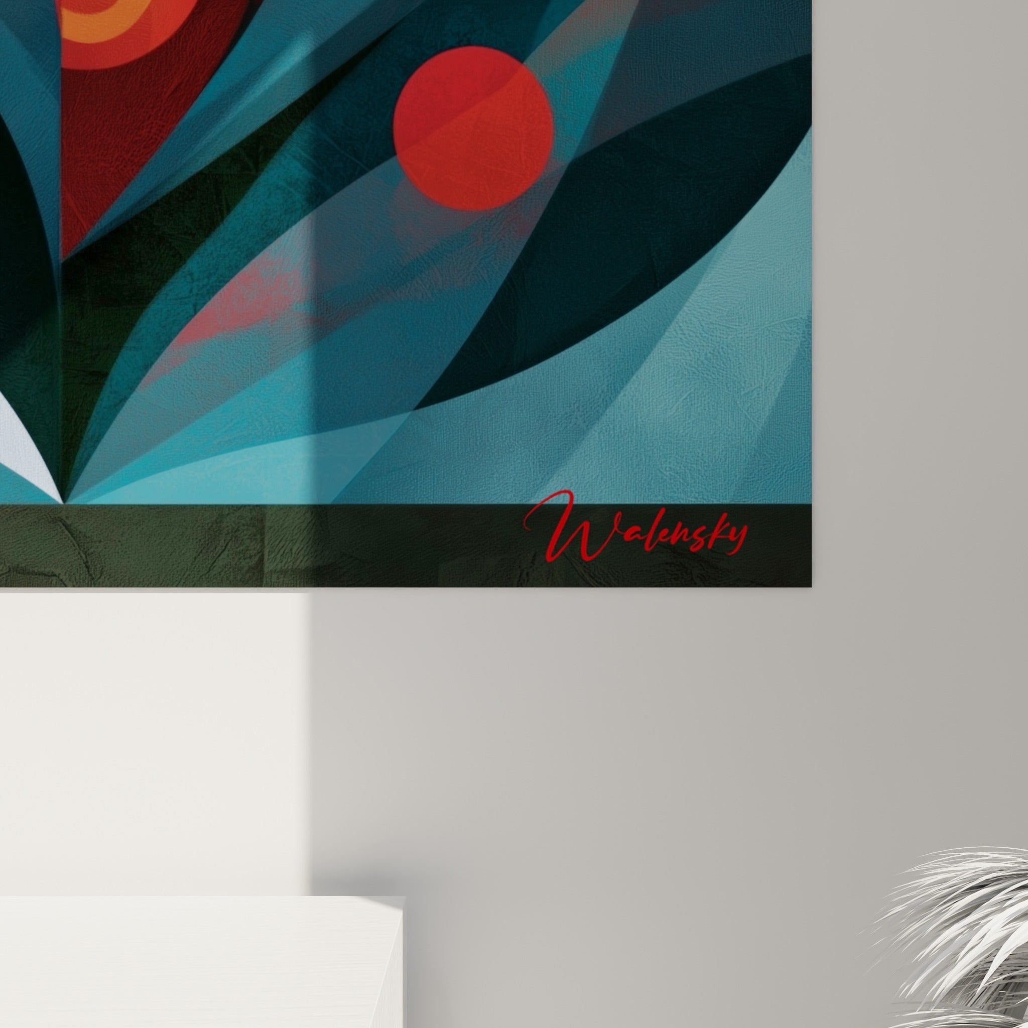 Grain de la toile révélant les nuances rouge terracotta et bleu pétrole du tableau géométrique abstrait accroché