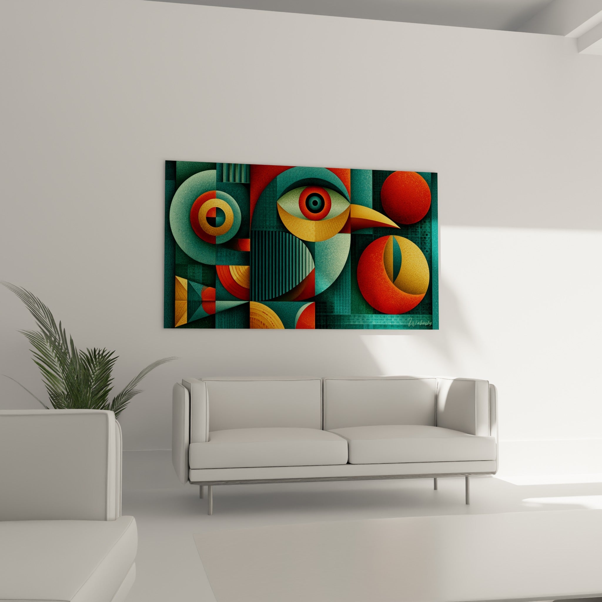 Formes cubistes sarcelle et rouille composant un toucan, tableau abstrait au-dessus d'un canapé dans un salon lumineux