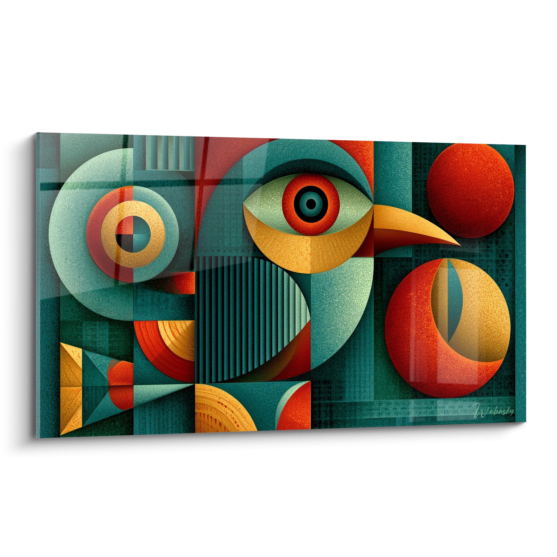 Toucan géométrique abstrait aux formes sarcelle, orange brûlé et rouge, œil perçant central