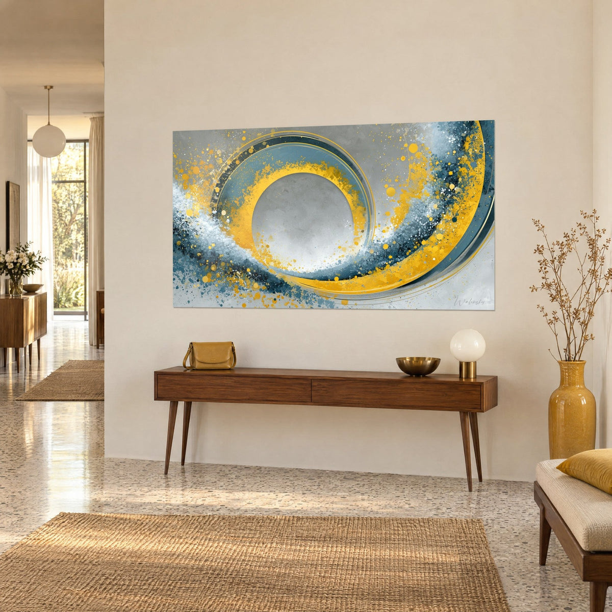 Wall art with a heavenly swirl in mustard yellow and slate blue, large grey circle at the centre, above a wooden console table