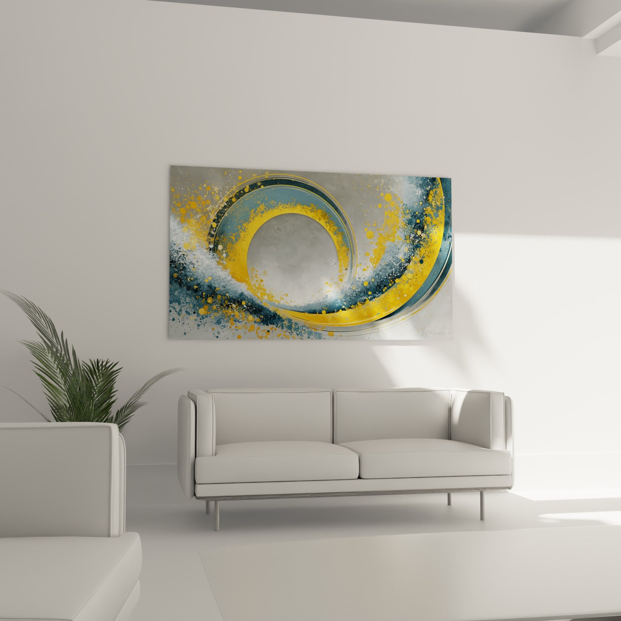 Tourbillon jaune doré et anthracite du tableau géométrique abstrait au-dessus d'un canapé dans un salon lumineux