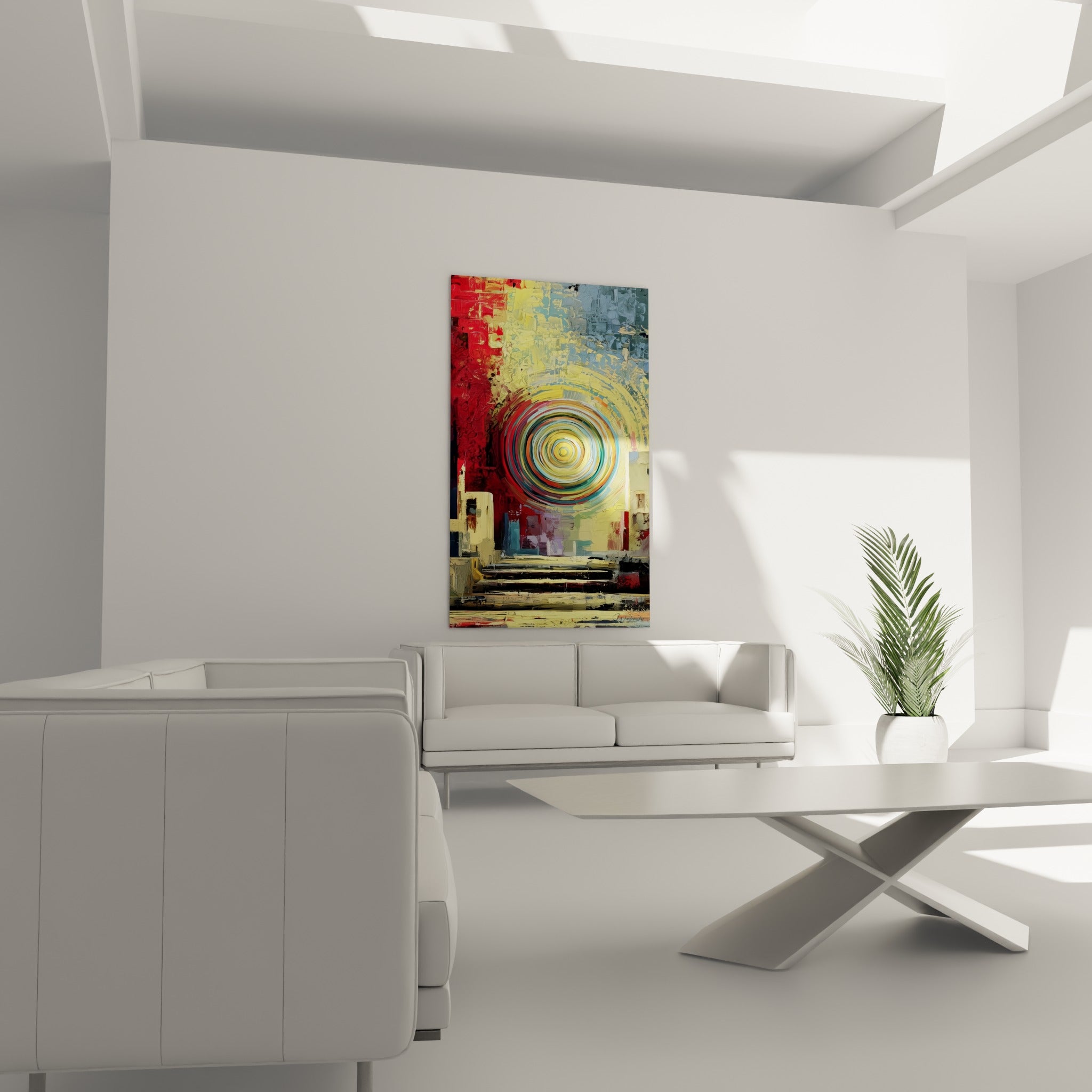 Tourbillon chromatique jaune et bleu d'un tableau géométrique abstrait au-dessus d'un canapé dans un salon lumineux