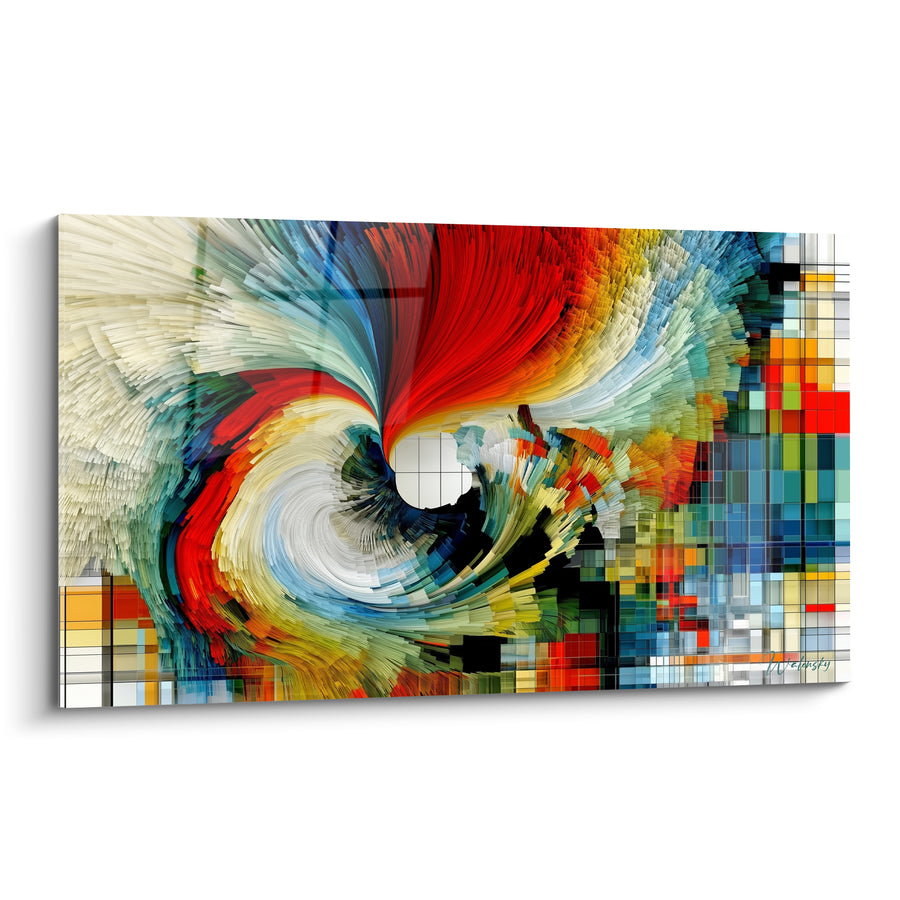 Tableau Tourbillon rouge et bleu sur mosaïque colorée - Tourbillon des couleurs - Edition géometrique abstrait