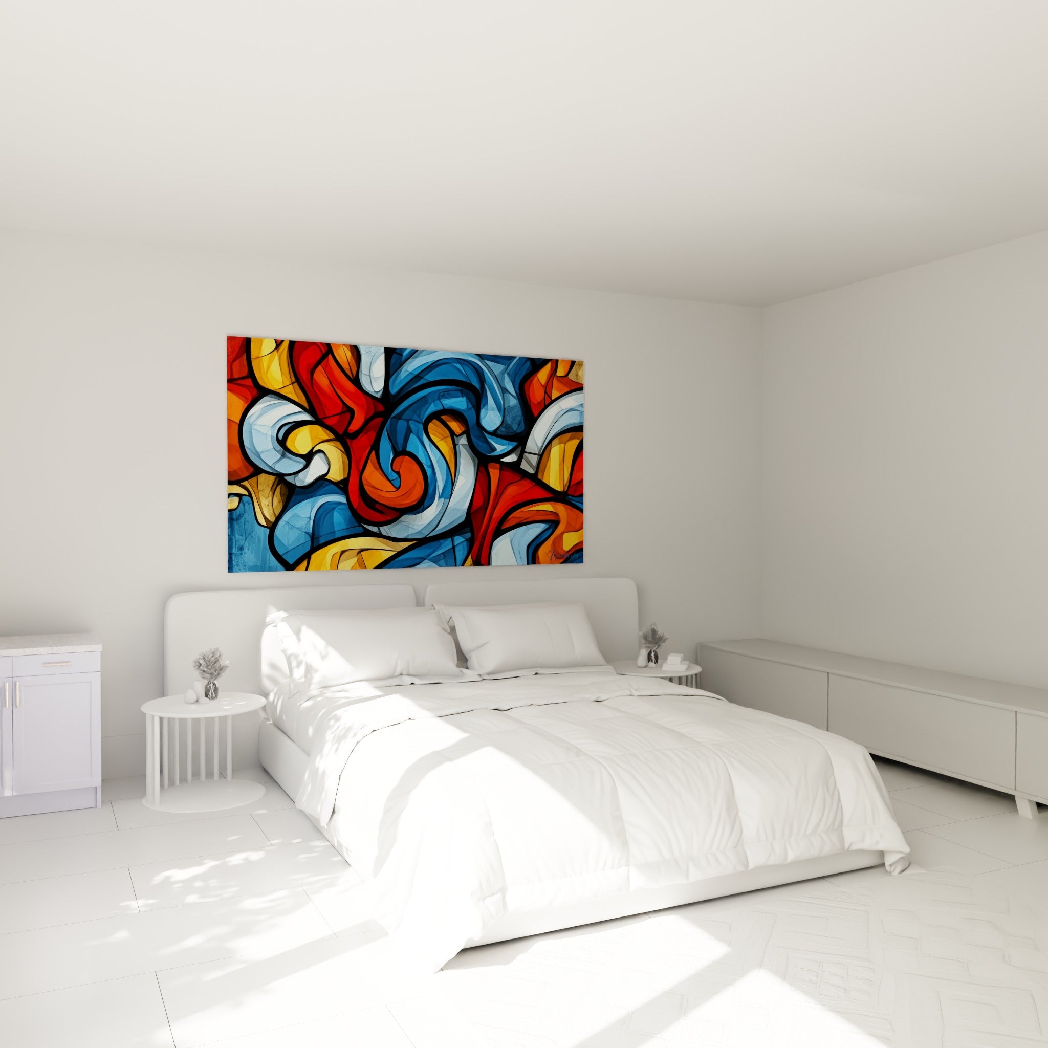 Tourbillons géométrique abstrait bleu ciel et rouge brique au-dessus d'un lit dans une chambre claire