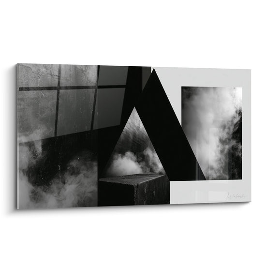 Triangle noir et fumée blanche composent ce tableau géométrique abstrait aux textures de béton anthracite