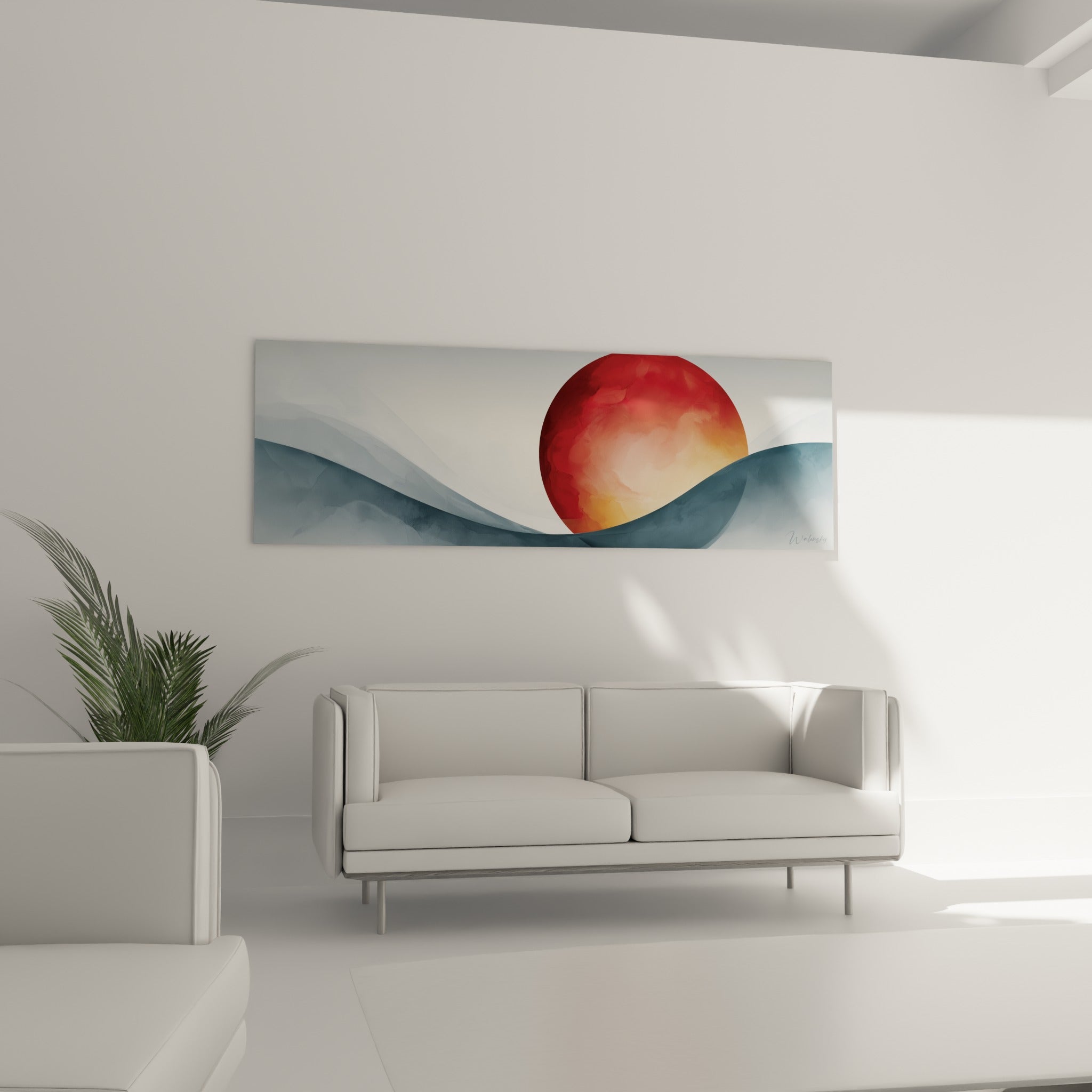 Vague anthracite et sphère dorée d'un tableau géométrique abstrait au-dessus d'un canapé dans un salon lumineux
