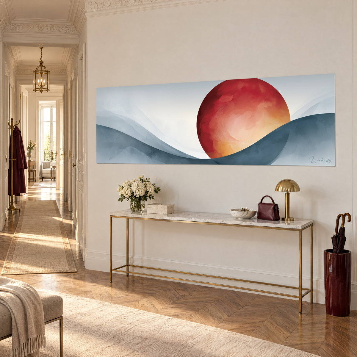 Quadro astro vermiglio dalle sfumature albicocca che emerge da una cresta blu ardesia, visto di tre quarti, corridoio in stile haussmanniano