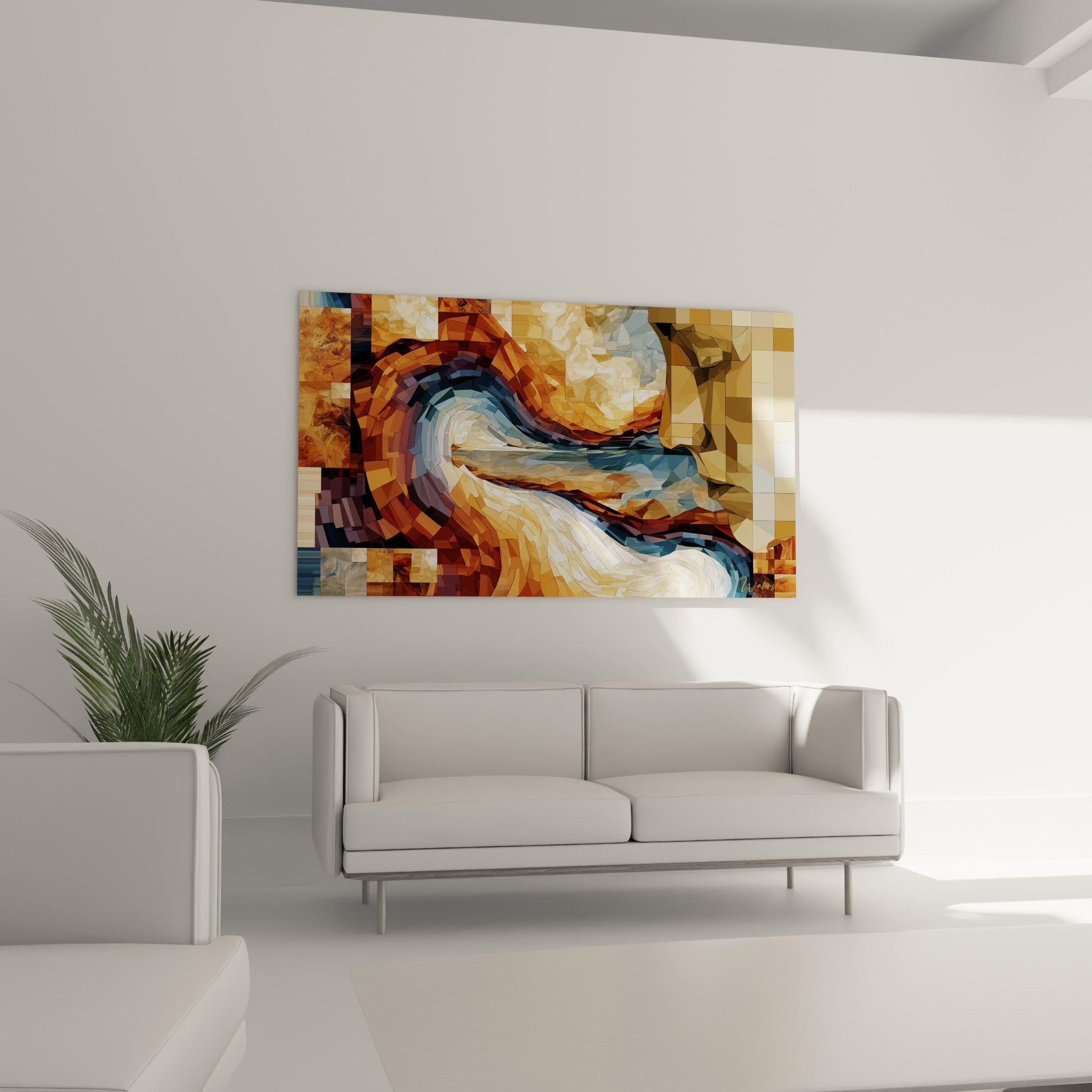 Mosaïque fragmentée ocre et anthracite d'une vague abstraite, au-dessus d'un canapé dans un salon lumineux