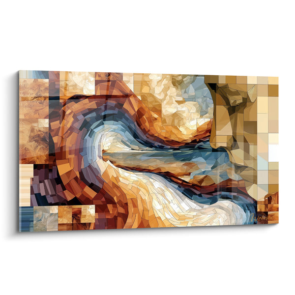 Tableau Vague mosaïque ocre et bleu ardoise - Onde figée - Edition géometrique abstrait